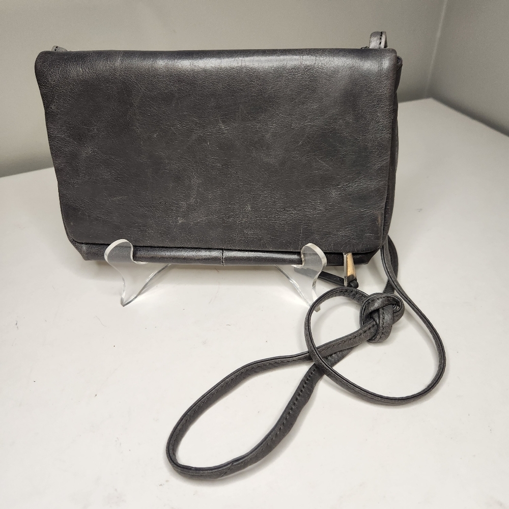 hobo grey leather distressed crossbody purse bag small compact minimalist - Picture 1 of 13